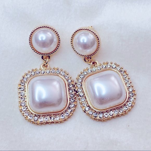❣️$25/3❣️ Elegant Wedding Square Pearl Rhinestones Earrings - Picture 4 of 10